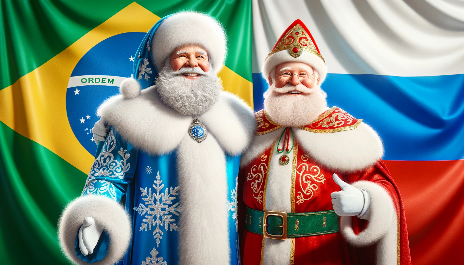 DALL·E 2023 12 25 17.59.33 A realistic photo of Santa Claus in his traditional red suit with white fur trim and Ded Moroz in his distinctive blue robe with frost patterns stand